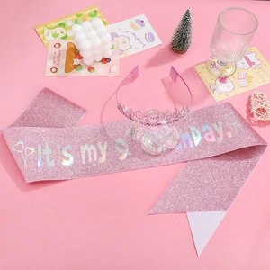 Écharpe d'anniversaire rose pailletée avec diadème en cristal assorti pour filles