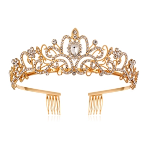 Vue détaillée du diadème de mariée en alliage doré avec strass en forme de poire