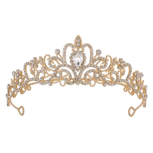 Couronne de mariée dorée élégante avec strass blancs et diamant central en goutte d'eau