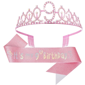 Pink rhinestone 9th birthday crown tiara with sparkling glitter sash set for girls