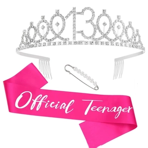 Fuchsia birthday sash with Official Teenager text and silver rhinestone number 13 tiara set