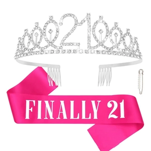 Fuchsia birthday sash with silver rhinestone 21st crown and safety pin set