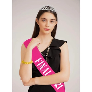 Pink 'Finally 21' birthday sash with sparkling silver crown and beaded bracelet set