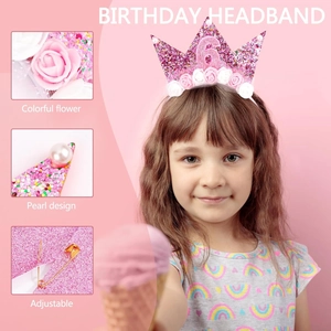 Pink 6th birthday crown headband with roses and pearls details for young girls