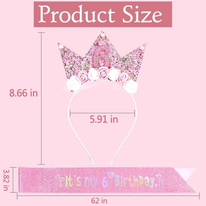 Detailed dimensions of pink 6th birthday crown headband and glitter sash set for girls