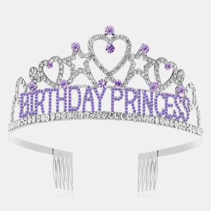 Cerchietto corona Birthday Princess argento con strass viola per feste di compleanno