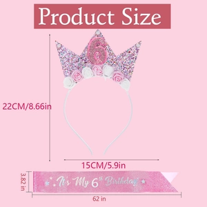 Pink glitter crown headband and birthday sash set with product size measurements