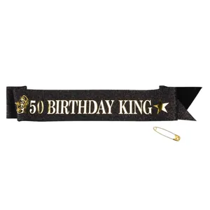 Elegant black sequin 50th Birthday King sash with gold lettering and crown design