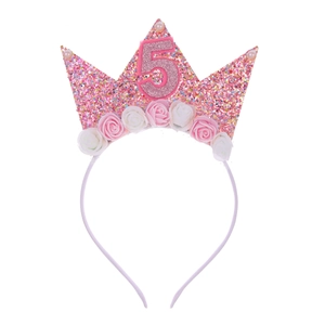 Pink glitter 5th birthday crown headband with roses and pearls for girls' party