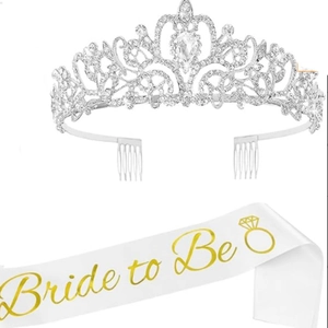 Bridal shower set featuring silver rhinestone tiara and white gold Bride to Be sash