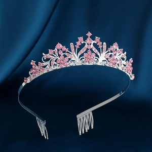 Silver flower bridal tiara crown with pink rhinestones and combs on blue silk base
