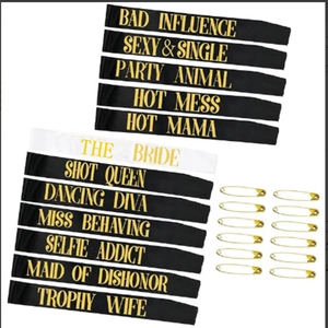 Bachelorette party sash set with 1 white Bride sash and 11 black satin sashes with pins