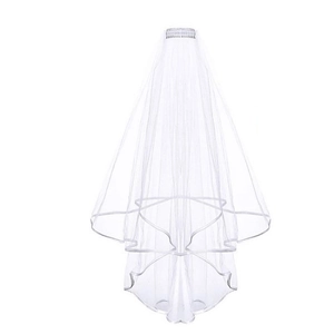 Double layer white bridal veil with hair comb and elegant curled edges for bachelorette party