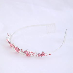 Silver alloy bridal crown with pink rhinestones and floral vine design for wedding