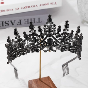 Elegant large black alloy crown with water drop gemstones and side combs for weddings