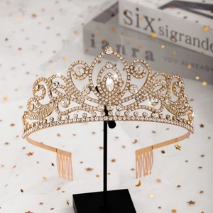 Luxury gold alloy bridal crown with sparkling white rhinestones and water-drop crystal