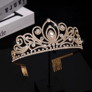Luxurious gold alloy bridal crown with sparkling rhinestones and elegant hollow patterns
