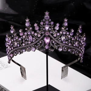 Baroque black alloy crown with purple crystals for weddings and parties on dark stand