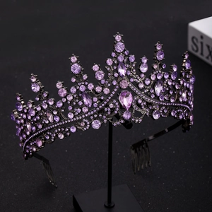 Detail of Gothic black crown with purple rhinestones and side combs for secure styling