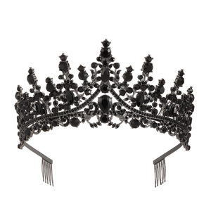 Elegant large black alloy crown with crystals and hair combs for wedding and party