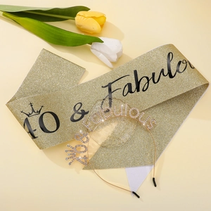 Gold 40 & Fabulous birthday sash and rhinestone headband set with tulip accents