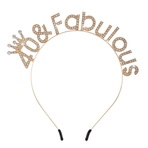 Detailed view of 40 & Fabulous gold alloy headband with rhinestones and crown detail
