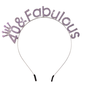 Detail of silver 40 & Fabulous headband with purple rhinestones and crown for birthday