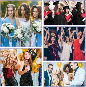 Diverses écharpes en satin et tenues pour mariages, remises de diplômes et fêtes