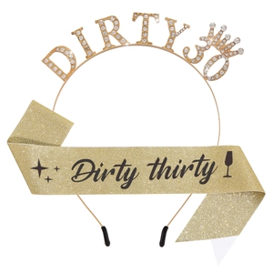 Golden Dirty 30 rhinestone headband and champagne glitter sash set for 30th birthday parties