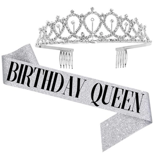 Silver rhinestone birthday crown and Birthday Queen sequin sash party accessories set