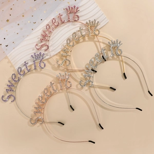 Five assorted rhinestone Sweet 16 tiara headbands in pink, gold, silver and rose gold