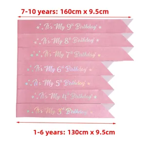 Pink glitter birthday sashes for girls showing sizes for ages 1 to 10 years old