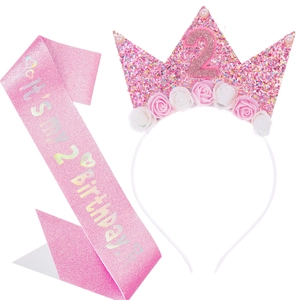 Set écharpe d'anniversaire rose pailleté et serre-tête couronne pour fille de 2 ans