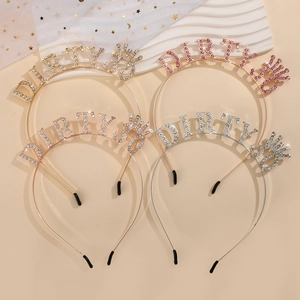 Detail of glittery rhinestone birthday headbands with 30 & Fabulous and crown designs