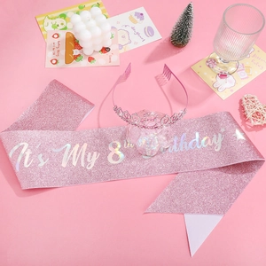 Pink glitter 8th Birthday sash and crown set with iridescent text for girls