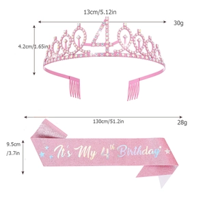 Detailed dimensions for pink 4th birthday crown and glitter sash with rhinestones