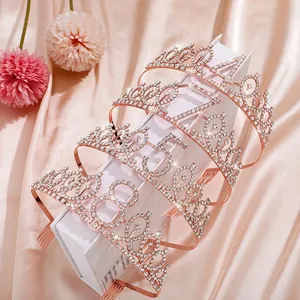 Rose gold rhinestone birthday tiara set with ages 18, 25, 30, and 40 on pink silk backdrop