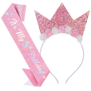 Pink glitter 'It's My 5th Birthday' sash and matching floral crown headband for girls