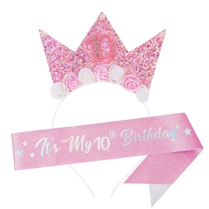 Pink glitter 10th birthday sash and crown set with sparkling stars and floral details