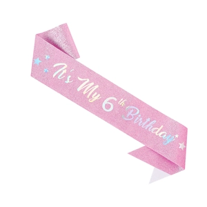Pink glitter sash with holographic It's My 6th Birthday text and stars for girls