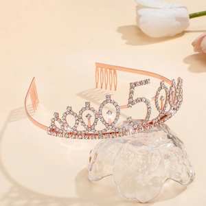 Rose gold 50th birthday crown tiara with sparkling rhinestones and side hair combs