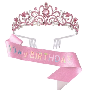 Set de diadème d'anniversaire rose et écharpe à paillettes holographiques