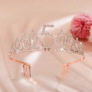 Detail of rose gold 50th birthday crown with white rhinestones and side combs
