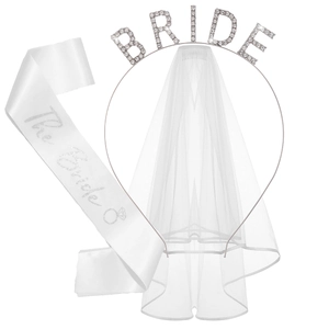 Écharpe en Satin Blanc Diadème Couronne Mariée en Strass Voile Double Couche Lunettes de Soleil Coeur Décorations Mariage Fête Femme