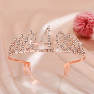 Detail of rose gold 40th birthday tiara with sparkling rhinestones and side combs
