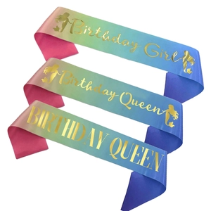 Mermaid Birthday Girl Queen Sash Rainbow Gradient Satin Ribbon With Gold Stamping For Women Girls Party Supplies Accessory