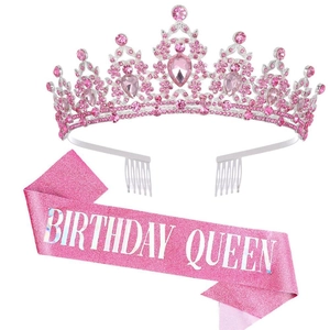 Rosa Strass-Diadem mit glitzernder Schärpe und Birthday Queen Schriftzug im Set