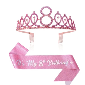 Pink rhinestone crown with number 8 and matching glitter sash for girl 8th birthday