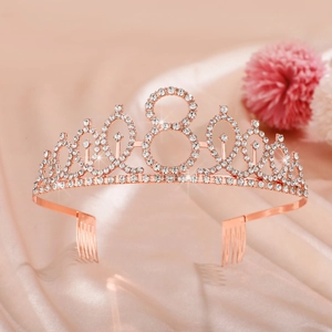 Macro shot of rose gold birthday crown featuring glittery number 8 with hair side combs