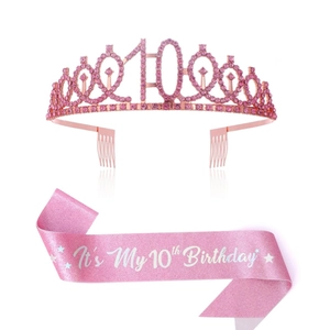 Pink 10th birthday crown and sash set with rose gold rhinestones for girls' party